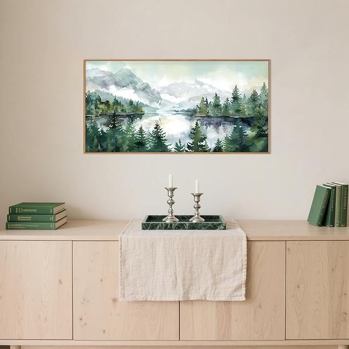 Celestdeco Watercolor Mountain Framed Canvas Wall Art Set, Boho Forest Wall Decor, Nature Green Pines Wall Painting, Forest Wilderness Artwork for Living Room, Bedroom, Dining Room, Office - 20"x40"x1