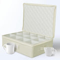 storageLAB Cup & Mug Storage Case | Hard Shell Felt Dividers | Cream | Hard shell case holds 12 cups or mugs in 4x4 felt compartments. Stackable, top-load, dual handles. Cream linen finish.