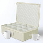storageLAB Cup & Mug Storage Case | Hard Shell Felt Dividers | Cream | Hard shell case holds 12 cups or mugs in 4x4 felt compartments. Stackable, top-load, dual handles. Cream linen finish.