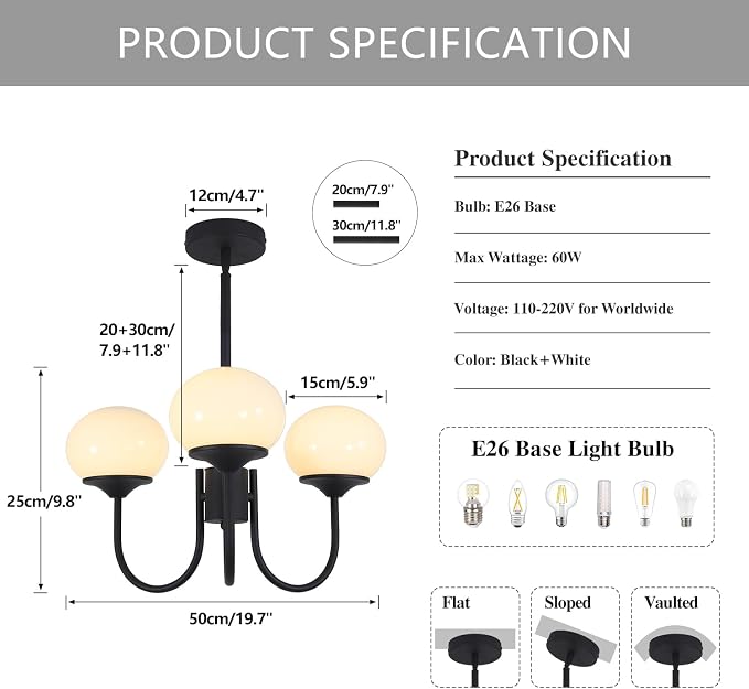 Mid Century Modern Pendant Light 3-Light Milk Glass Chandelier Frosted Globe Chandelier Black Sputnik Ceiling Light Fixture for Living Room Bedroom