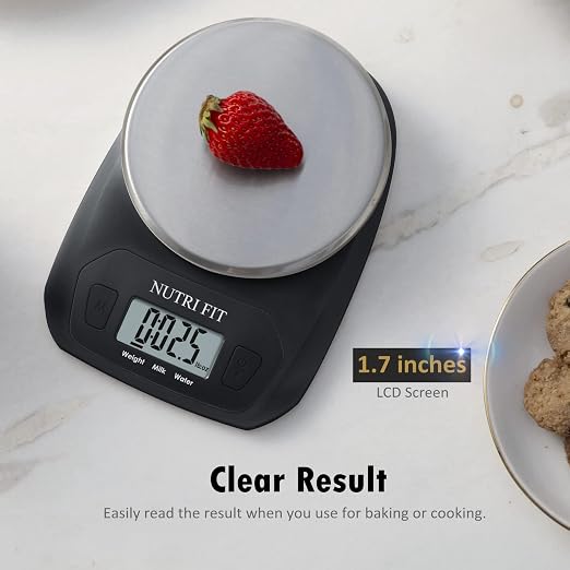 NUTRI FIT Digital Food Scale Small Kitchen Scales Weight in Grams and OZ for Cooking Baking Weight Loss, Stainless Steel Tare & Backlit LCD Display, Black
