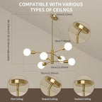 Sputnik Chandeliers Moderna Light Fixture, 6 Lights Gold Mid Century Ceiling Chandelier, Height Adjustable for Living Room, Kitchen, Dining Room, Bedroom,Foyer