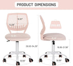 Desk Chair Small Armless, Comfy Home Office Chair with Fabric Seating Cushion and Plastic Low-Back, Adjustable Swivel Study Computer Task Chair for Student Children Kids with Rolling Wheels, Pink