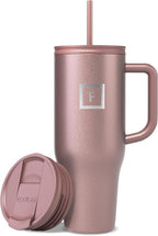 IRON °FLASK 40 oz Co-Pilot Insulated Travel Mug | Insulated Travel Mug with Straw & Flip Cap Lids - Cup Holder Fit, Leakproof, BPA Free (Rose Gold)