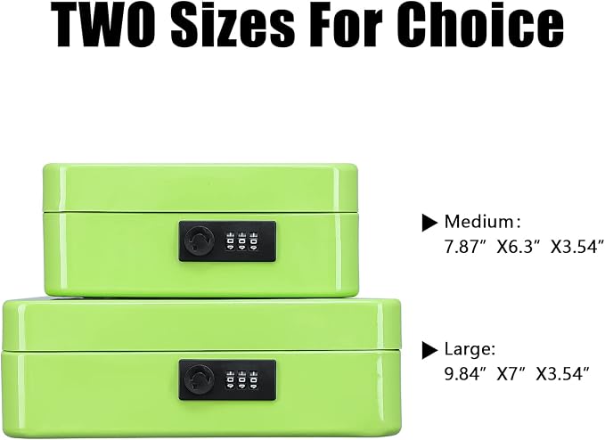 KYODOLED Large Cash Box with Combination Lock,Safe Metal Box for Money, Storage Lock Box with Money Tray,9.84"x 7"x 3.54" Limegreen Large