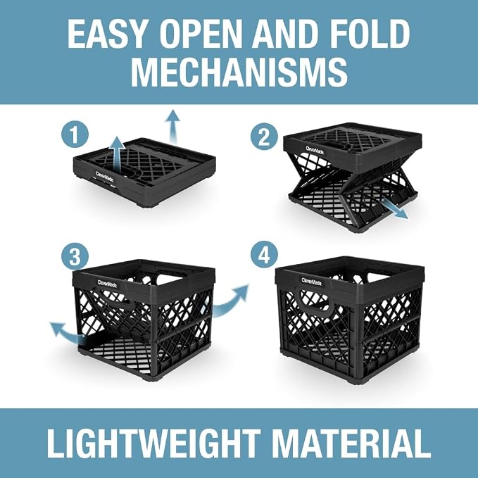 CleverMade Collapsible Milk Crate, 25L Storage Crate, Holds 50 lb, Obsidian | Organize Files, Groceries, and Gear in One Crate | Built-In Rails Hold Letter Folders, While the Frame Stacks Securely