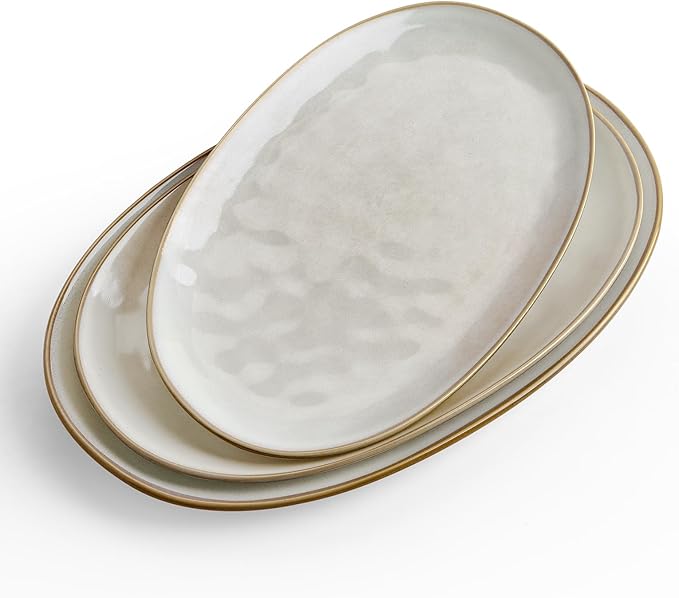 famiware Serving Platter, Oval 15.59/14.3/12.9 inch Serving Dishes for Entertaining, Serving Bowls, Microwave Safe, Stonware Serving Trays for Party, Turkey, Cheese, Ocean Series, Cappuccino White