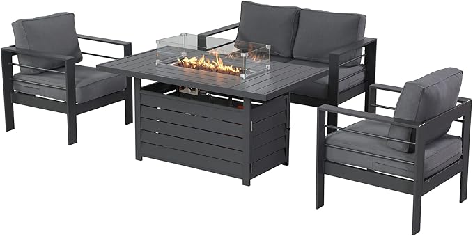 Wisteria Lane Aluminum Patio Furniture Set, 4 Piece Metal Outdoor Sofa Set with 54-INCH CSA Certified Propane Gas Fire Pit Table(Dark Grey)