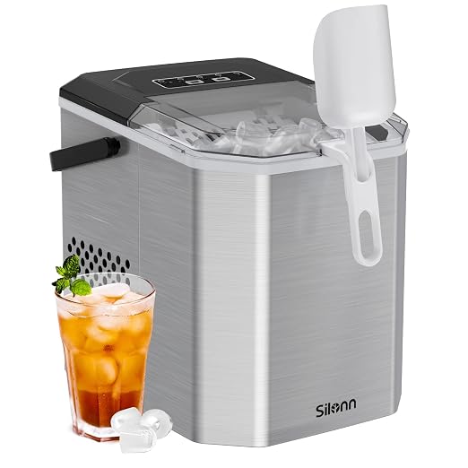 Silonn Ice Maker Countertop, Stainless Steel Portable Ice Machine with Carry Handle, Self-Cleaning Ice Makers with Basket and Scoop, 9 Cubes in 6 Mins, 26 lbs per Day