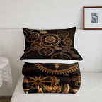 Golden Ndustrial Gear Comforter Set King Size Steampunk Style Bedding Set Clocks Theme Bedding Sets & Collections for Kids Boys Teens Men Mechanical Device Quilt Set,Retro Style Bedroom Decor