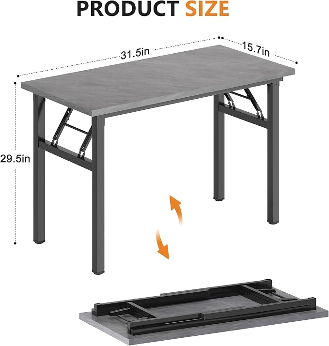 DlandHome 31.5 Inch Small Folding Computer Desk for Home Office, Grey | Foldable Writing Table for Small Spaces Bedroom, No Assembly Required, Wood Top Metal Frame, Collapsible Compact Easy Storage
