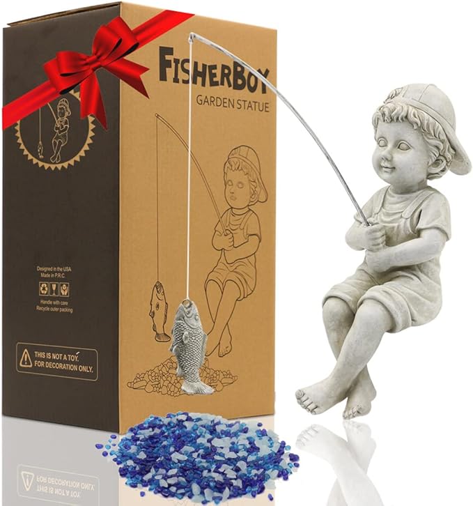 Goodeco Fisherboy Statue Garden Decor - 11" Little Fishing Guy for Koi Pond or Waterfalls, Poolside Statue with Glow in Dark Pebbles Included, Great Gifts for Mom, Women or Birthdays, Gift Ideas
