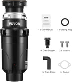 VEVOR JW-301 Garbage 1/2HP 3450RPM DC Motor, Continuous Feed Sink Disposer, EZ Connect Food Waste Grinding System with Power Cord and Splash Guard, for Kitchen, Black