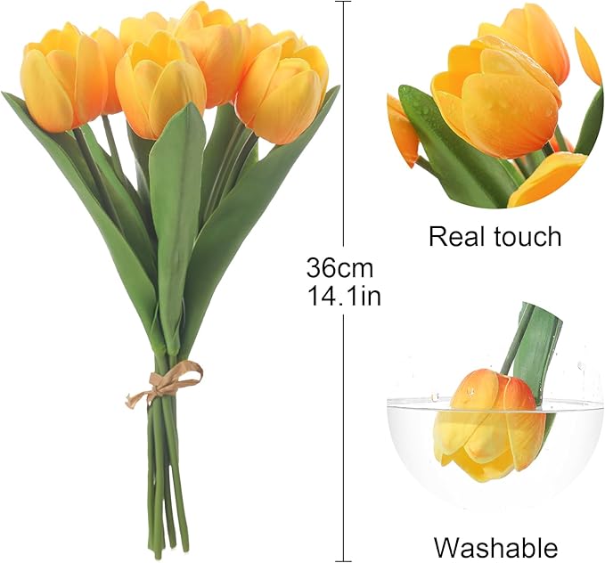 Orange Artificial Tulips, 2 Bundles 14Pcs, Fake Tulips Artificial Flowers, 2 x 2.4 Inch Large Flower Head Big Tulip, Easter Valentine's Day Mother's Day Home Decoration Flowers