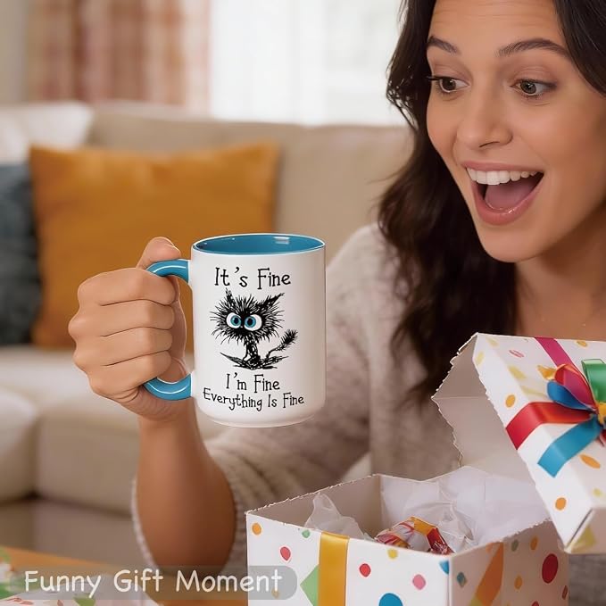 Funny Black Cat Coffee Mug, 15oz I Am Fine Everything's Fine Mug | Microwave & Dishwasher Safe, Gag Gift for Cat Lovers, Large Ceramic Mug, Double-Sided Print