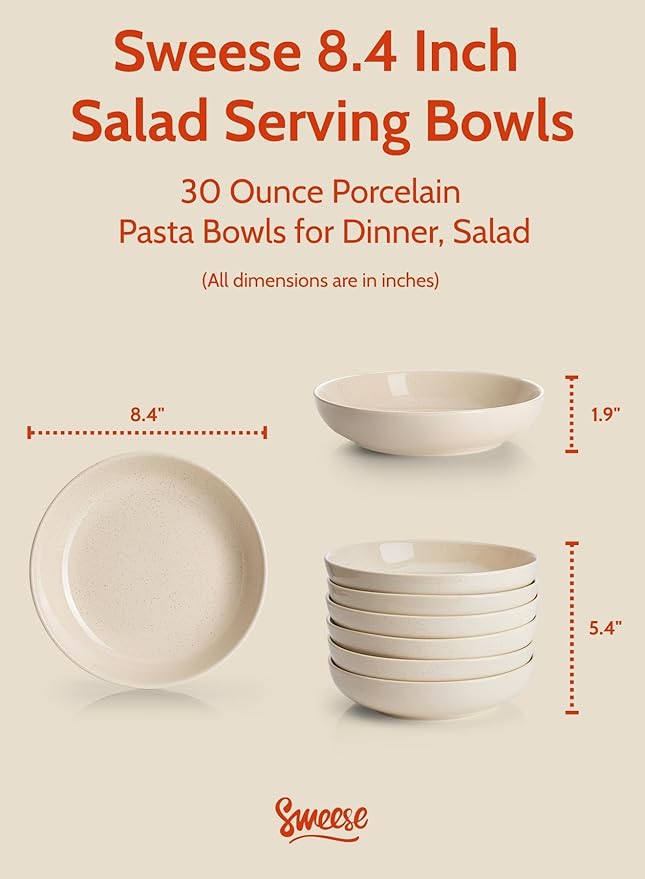 Sweese 30 Oz Salad Serving Bowls Set of 6, 8.4 Inch, Porcelain Pasta Plates - Microwave Dishwasher Safe, Beige