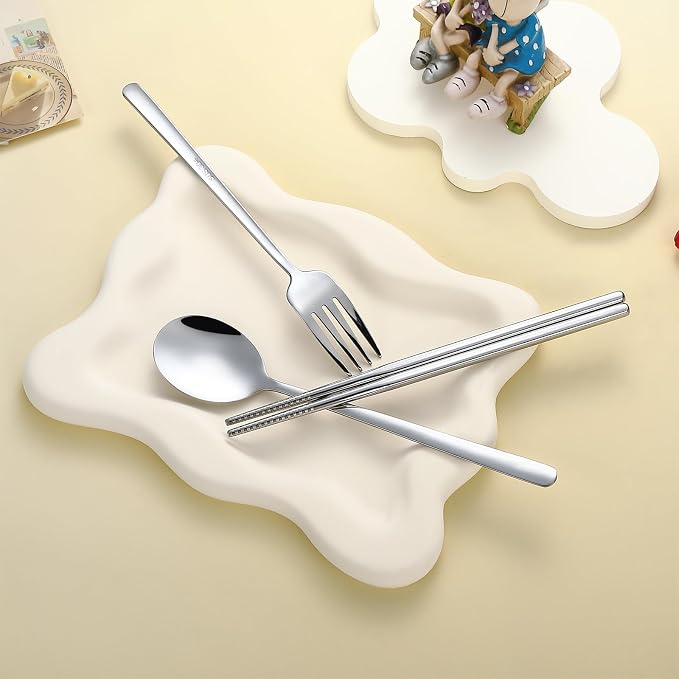 DEVICO Travel Utensils with Case Cute, Reusable Silverware for Lunch, 4Pcs Portable Cutlery Set, 18/8 Stainless Steel Fork Spoon Chopsticks in Cartoon Case, Dishwasher Safe (Light Yellow)
