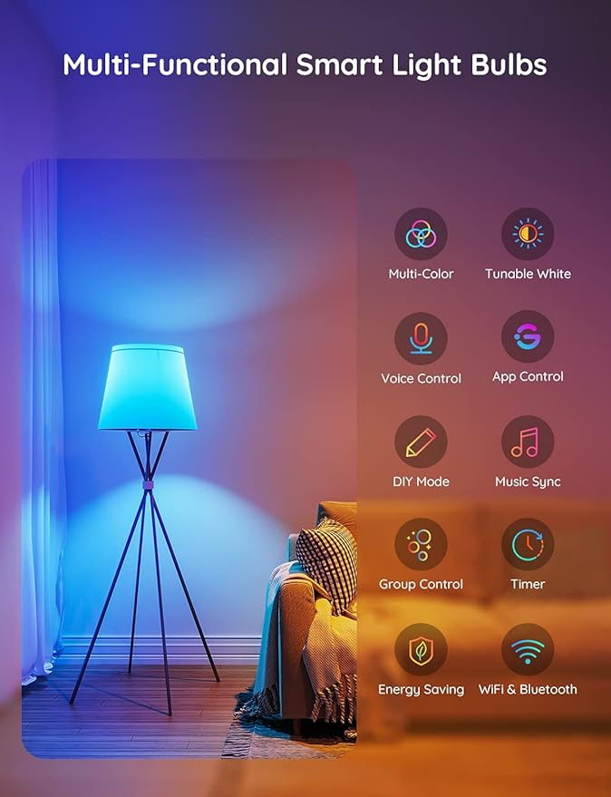 Govee Smart Light Bulbs, Color Changing Light Bulb, Works with Alexa and Google Assistant, 16 Million Colors RGBWW, WiFi & Bluetooth LED Light Bulbs, Music Sync, A19, 800 Lumens, 1 Pack