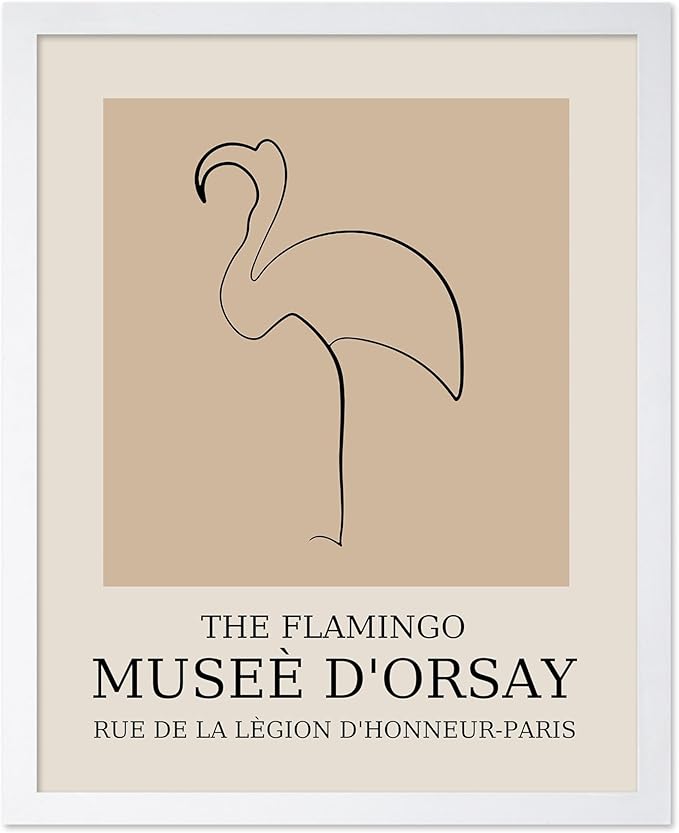 Poster Master Vintage Poster - Retro Minimalist Print - Gift for Artist, Housewarming - Flamingo, Line Drawing, Sketch, Abstract - Wall Decor for Living Room, Bedroom, 11x14 White Framed