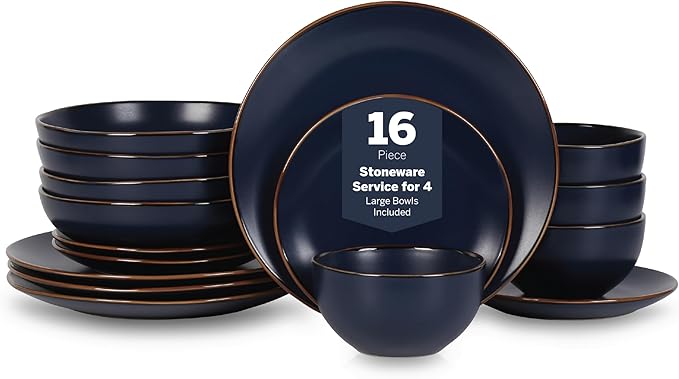 Stone Lain Brasa Modern Stoneware 16 Piece Dinnerware Sets, Plates and bowls Sets, Dish Set for 4, Blue