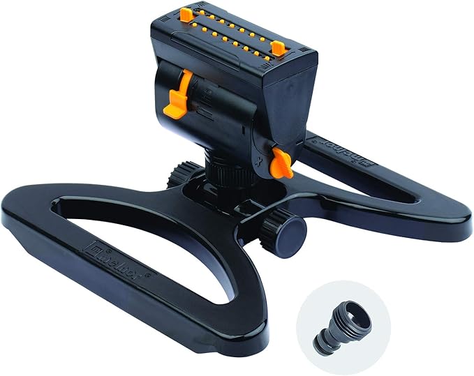 Melnor 65003-AMZ Mini Oscillating Sprinkler with Product Adapter Watering Set, On Base, Black, Yellow