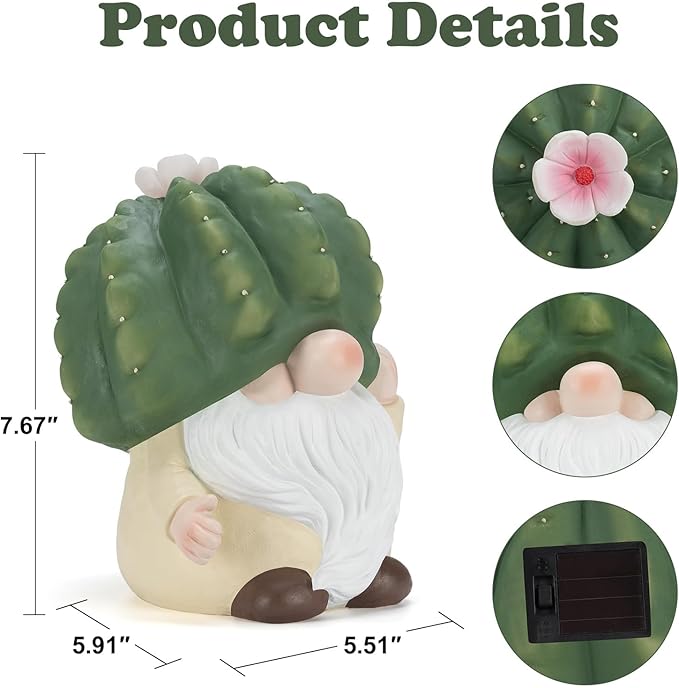 Solar Cactus Gnome Statue Garden Decor Light - Outdoor Decorative LED Flower, Suitable for Patio, Lawnand Garden Decorations, Gifts for Mom