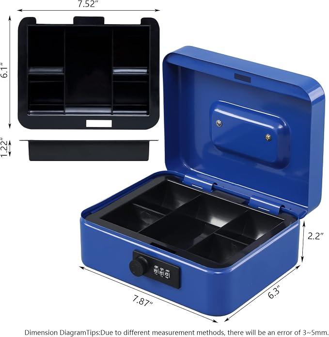 KYODOLED Cash Box with Combination Lock,Safe Metal Box for Money,Storage Lock Box with Money Tray,7.87"x 6.30"x 3.54" Blue Medium