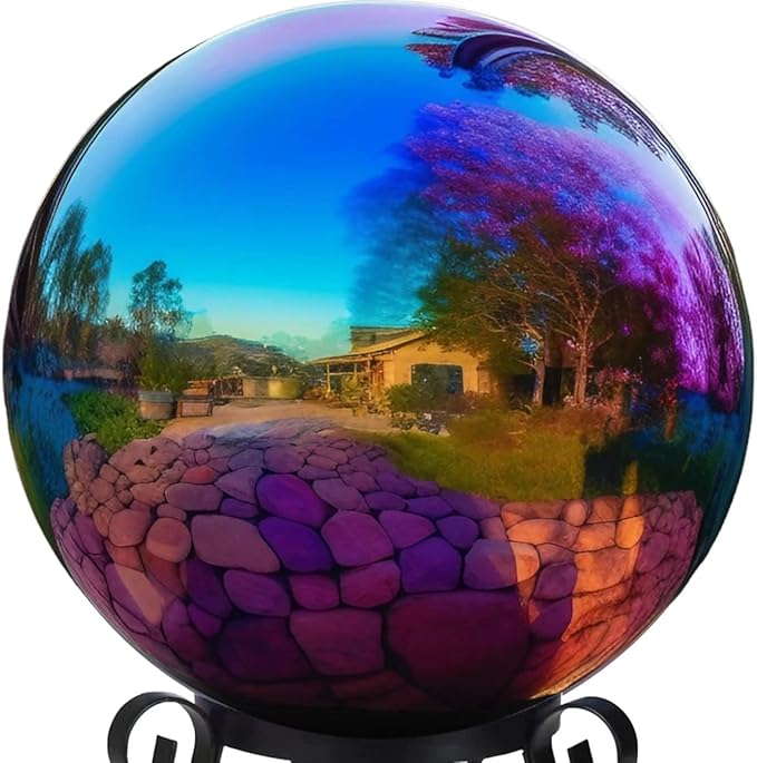 10 Inch Stainless Steel Gazing Globe,v2croft Hollow Ball Mirrored Surface Polished Shiny Sphere,Garden Stainless Steel Gazing Ball for Outdoor Lawn Pond Yard Ornament(rainbow)