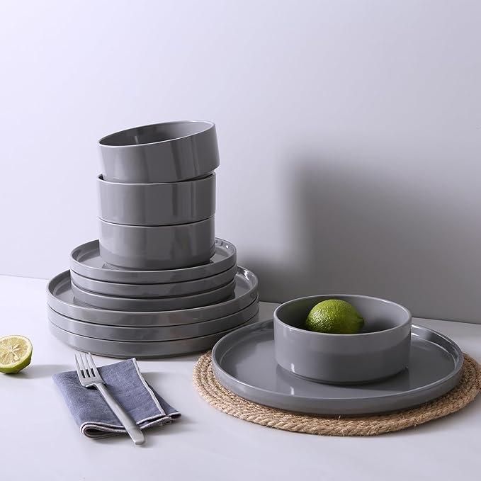 Famiware Nebula Dinnerware Set with Pasta Bowls, Service for 4 (16pcs), Fine Stoneware Plates and Bowls Sets, Microwave and Dishwasher Safe Dishes Set, Dark Gray