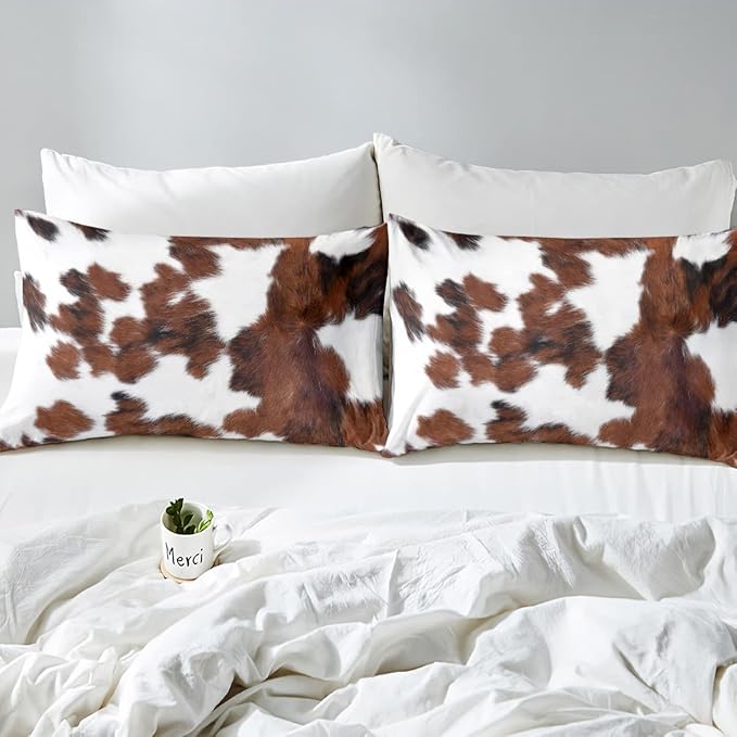 Erosebridal Cowhide Comforter Set for Kids Boys, Cute Brown White Cow Bedding Set Queen Size, Farm Animal Skin Down Comforter Western Cowboy Country Duvet Sets Farmhouse Decoration