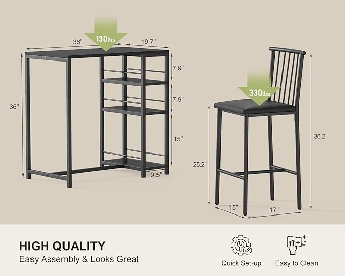 Gizoon 3-Piece Bar Dining Table Set for 2, Kitchen Table w/Shelves Black | Space-saving black bar height table set with 3 storage shelves. Includes 2 high-density PU cushion chairs that tuck away.
