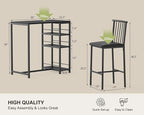 Gizoon 3-Piece Bar Dining Table Set for 2, Kitchen Table w/Shelves Black | Space-saving black bar height table set with 3 storage shelves. Includes 2 high-density PU cushion chairs that tuck away.