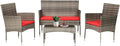 FDW 4 Pieces Outdoor Furniture Set Patio Conversation Set Wicker with Rattan Chair Loveseats Coffee Table for Outdoor Indoor Garden Backyard Porch Poolside Balcony,Gray Wicker/Red Cushions