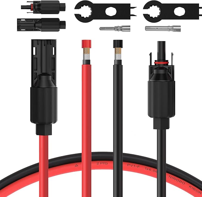 BougeRV 6 Feet 8AWG Solar Extension Cable with Female and Male Connector with Extra Pair of Connectors Solar Panel Adaptor Kit Tool (6FT Red + 6FT Black)