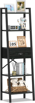 Furologee 5 Tier BookShelf, Ladder Shelf with Drawer, Tall Bookcase Corner Shelf, Narrow Shelf Industrial Display Standing Units for Home Office, Living Room, Bedroom, Kitchen, Black Oak