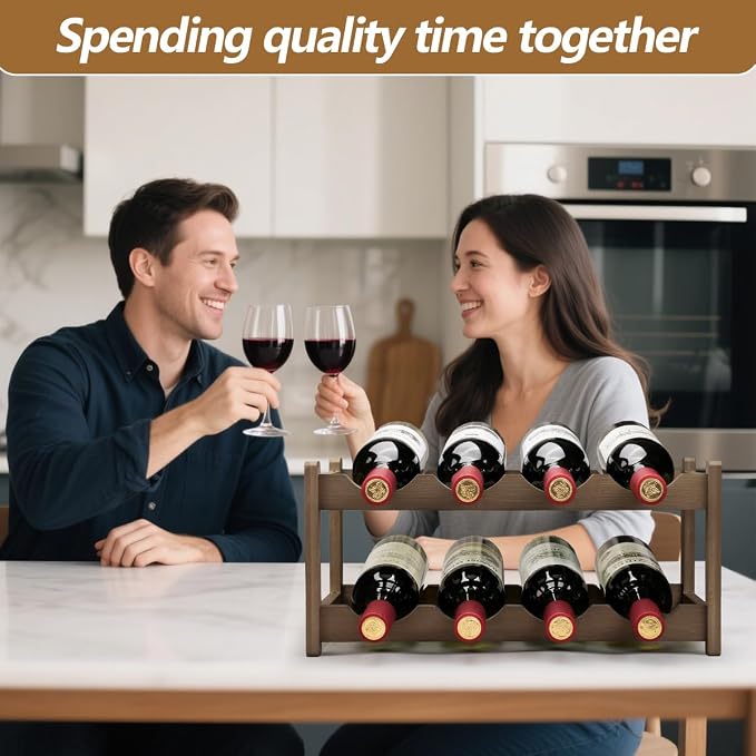 Wine Rack 8 Bottle 2-Tier Eco-Friendly Bamboo Wine Storage Easy-Assembly Space-Saving for Wine Lovers,Kitchen Wine Organizer for Countertop,Pantry, Home,Room Decor,Bar