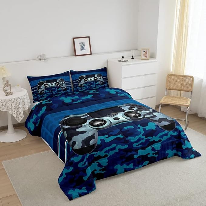 Feelyou Gamer Comforter Set Camouflage Gaming Video Game Bedding Set for Kids Boys Children Blue Camo Gamer Console Comforter Soft Gamepad Decor Quilt Set Twin Size