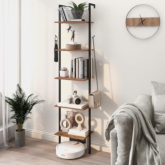 Industrial Bookshelf Wall Mounted 5-Tiers Ladder Shelf Wooden and Metal Narrow Thin Bookshelf Open Display Storage Rack for Living Room Bedroom Home Office (Rustic Brown, Small)