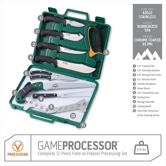 Outdoor Edge Game Processor, PR-1, Complete 12-Piece Hunting Knife Kit for Processing Big Game, Full Tang 420J2 Stainless Razor Sharp Blades, TPR Non-Slip Handles, Sturdy Hide-Side Storage Case