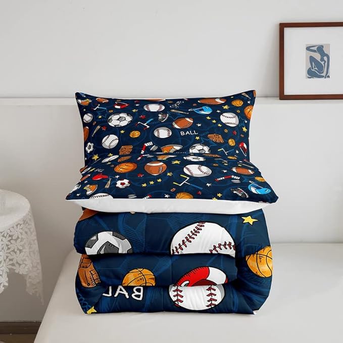 Feelyou Sports Comforter Set Blue Ball Bedding Set Baseball Football Basketball Comforter for Kids Boys Girls Competitive Games Duvet Set Room Decor Quilt King Size Boys