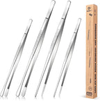 4 Pcs Fine Long Tweezer Tongs Professional Silver, 12'' and 10'' Stainless Steel for Kitchen, Food, Cooking, Repairing, Sea food and BBQ
