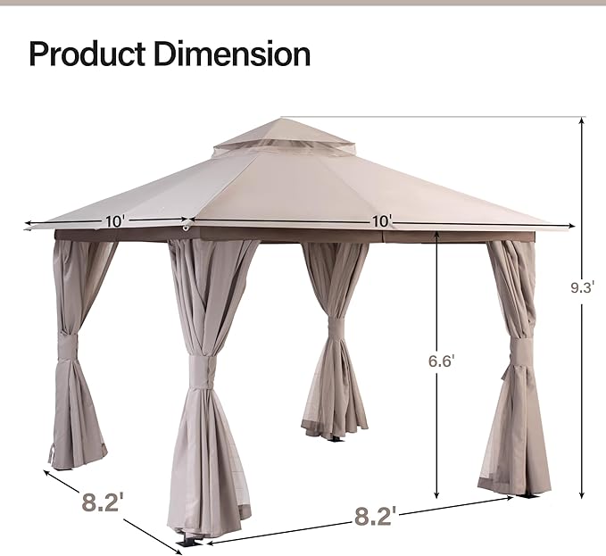 LAUSAINT HOME Outdoor Patio Gazebo 10'x10' with Expansion Bolts, Heavy Duty Party Tent & Shelter with Double Roofs, Mosquito Nettings and Privacy Screens for Backyard, Garden, Lawn, Khaki