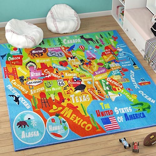 KC Cubs Playtime Collection USA United States Map Educational Learning & Game Area Rug Carpet for Kids and Children Bedrooms and Playroom (5'0" x 6'6")