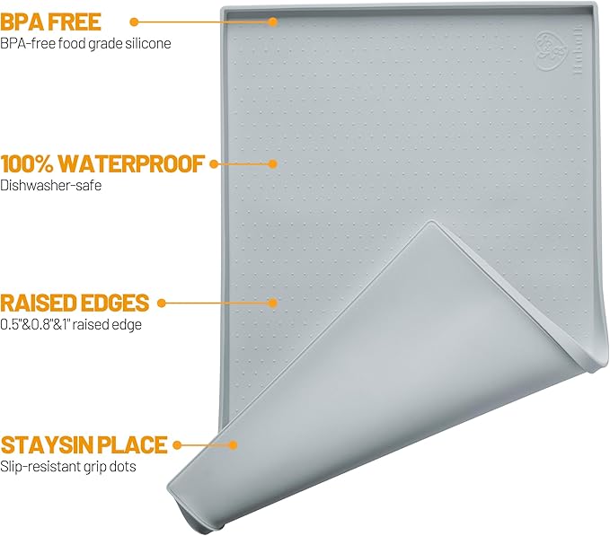 Hubulk Dog Feeding Mat,100% Waterproof Food Grade Silicone Pet Food and Water Bowl Placemat,Dishwasher, High Raised Edge to Prevent Spills,Nonslip Tray to Stop Messes on Floor（24"x16"x0.5", Mist）