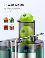 QCen Juicer Machine 500W Centrifugal Juicer with Extra Wide Feed Chute | For Fruits And Vegetables, Stainless Steel, BPA-Free Parts, Easy To Clean, Green, Compact Countertop Juicer