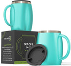 Stainless Steel Insulated Coffee Mugs Set of 2 (14oz) Double Wall Coffee Cups With Spill Resistant Lid & Handle – Shatterproof Cups for Cold & Hot Drinks for Indoor & Outdoor Use (Aqua Blue)
