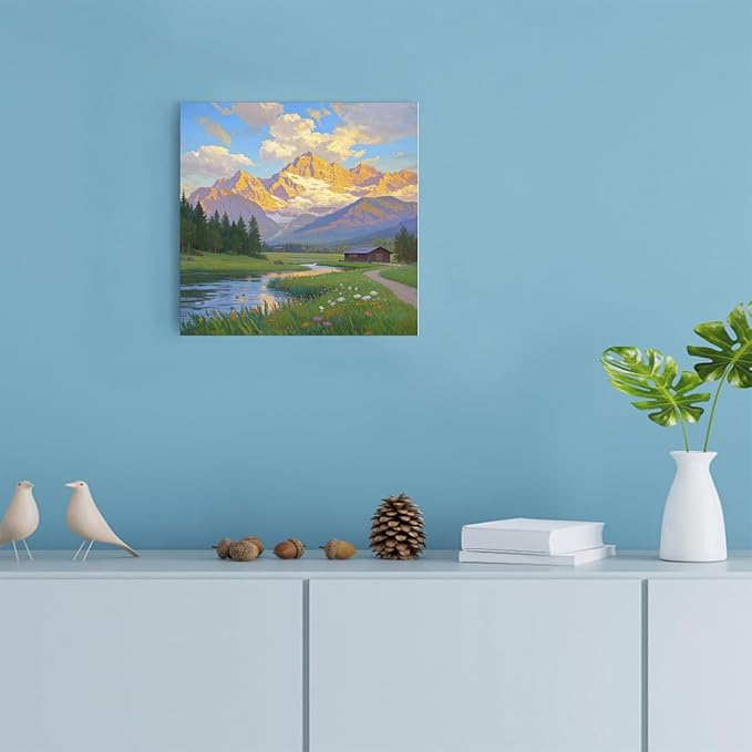 The mountain stream and lawn scenery under the sun is suitable for posting in the living room bedroom office landscape poster wall painting