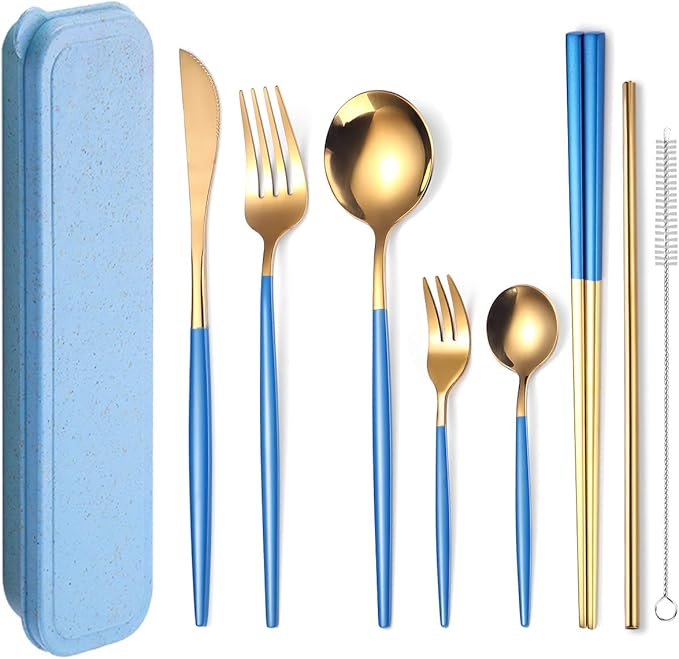 AARAINBOW 8 Pieces Stainless Steel Flatware Set Portable Reusable Cutlery Set Travel Utensils Set Including Chopsticks Knife Fork Spoon Straws Cleaning Brush Dishwasher Safe (Blue Golden)