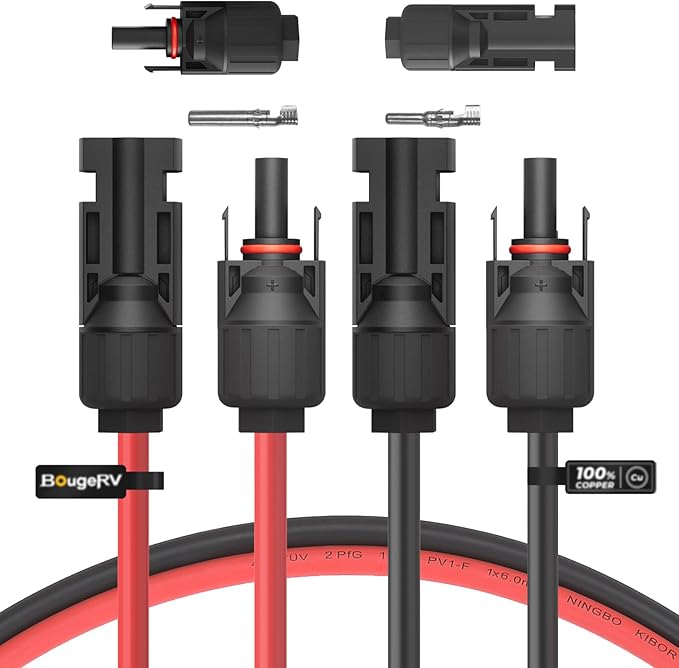 BougeRV 10 Feet 10AWG Solar Extension Cable with Solar Connector on Both End with Extra Pair of Connectors Solar Panel Adaptor Kit Tool (10FT Red + 10FT Black)