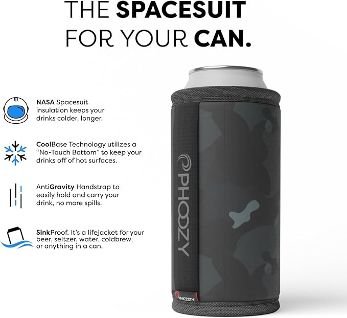 PHOOZY Insulated Can Cooler for Tall 16 oz Cans - Patented Drink Sleeve with NASA-Inspired Technology - Keeps Beer, Soda & Sparkling Water Cold Longer - Lightweight Outdoor Can Holder - Black Camo